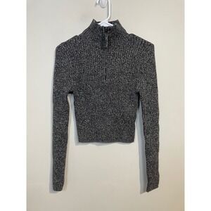 Aerie Gray Knit Cropped Quarter Zip Sweater Size Medium Cabin Sweater Ski Lodge